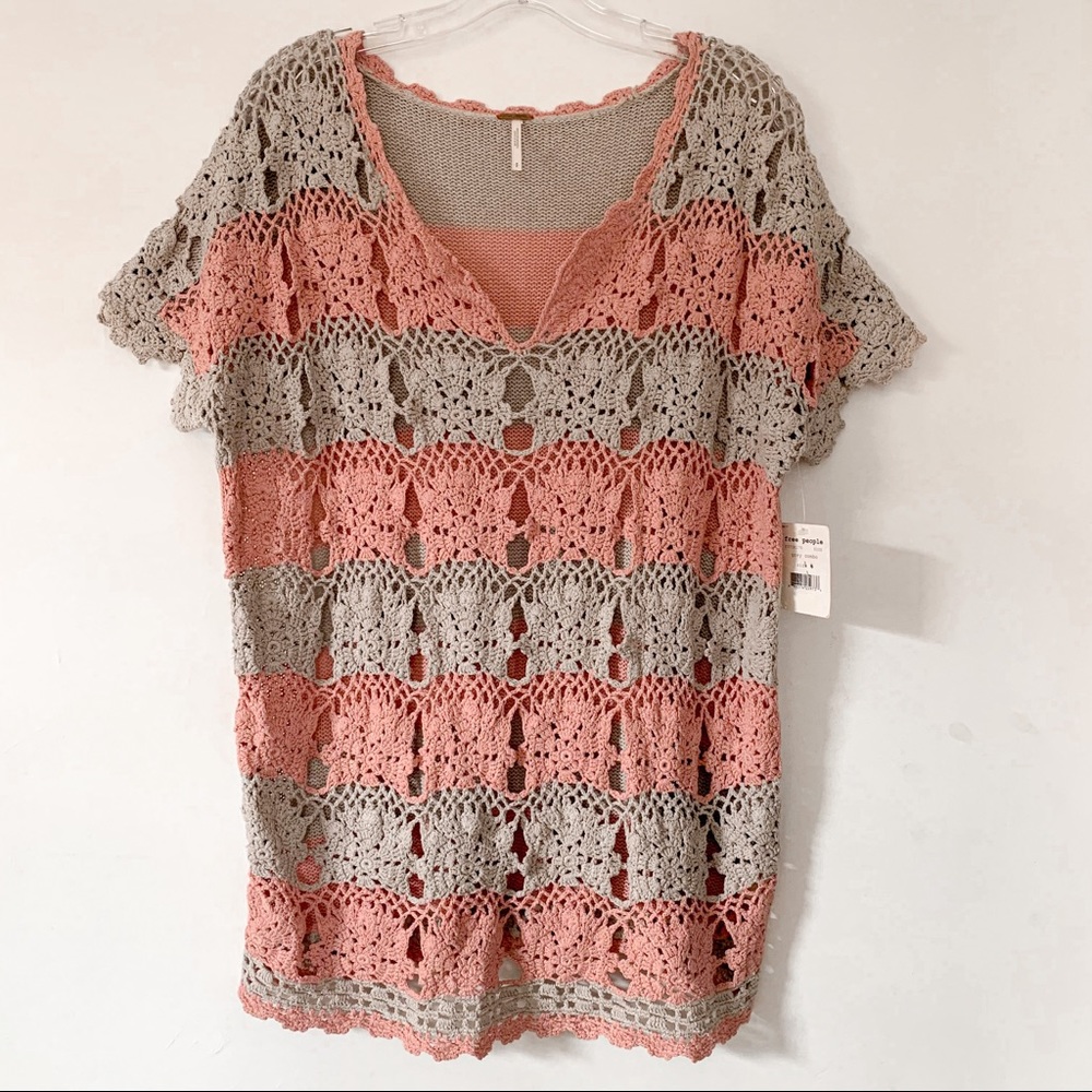 NWT Free People Pink & Grey Striped Crochet Silk Blend Swimsuit Coverup Dress